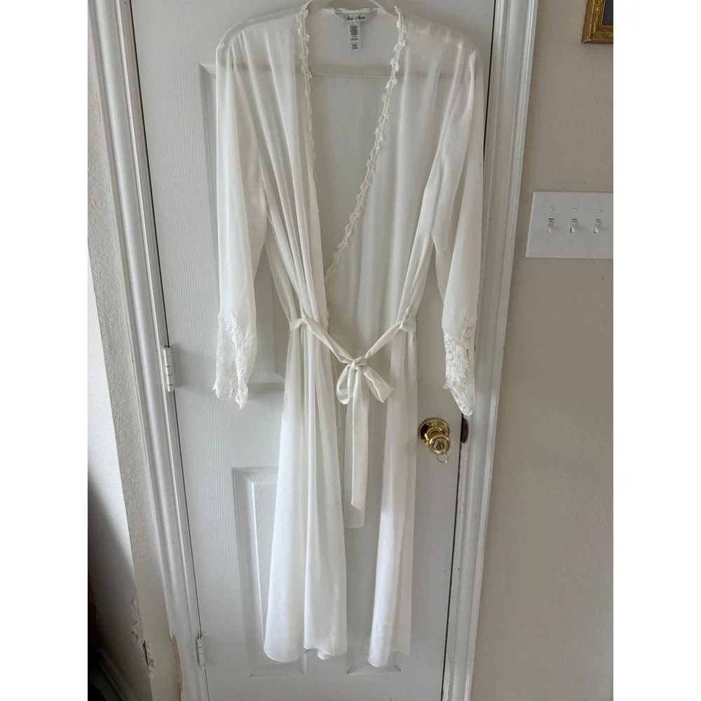 Delicates Ivory Lace Trim Sheer Robe S/M Bridal Boudoir Longline Duster